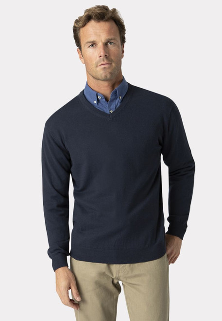 Brook Taverner - Dorset Navy Cotton Merino V-Neck Jumper