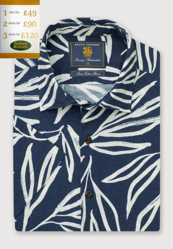 Brook Taverner - Regular Fit Navy Oversized Leaf Print Linen