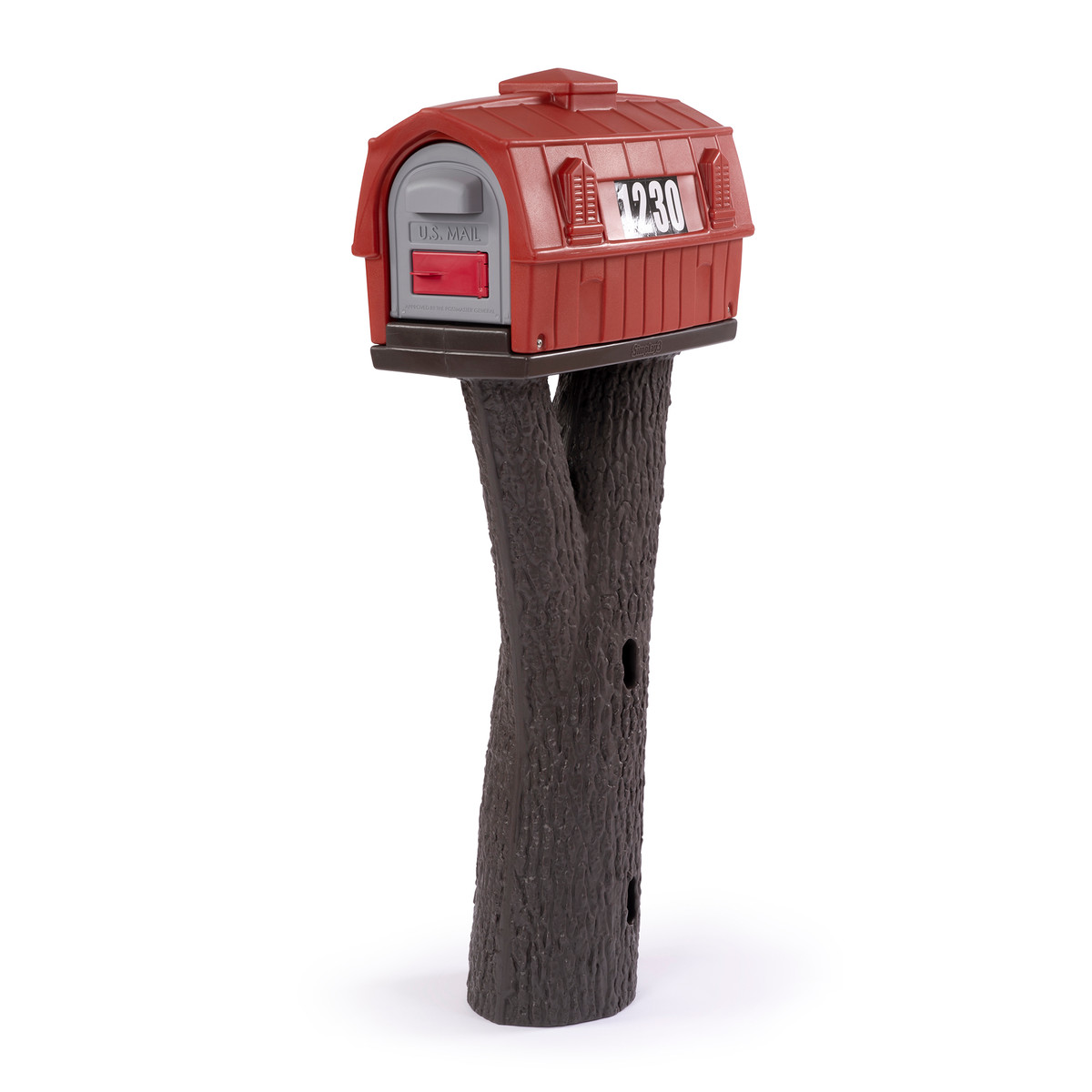 Simplay3 Rustic Barn Mailbox has a red barn mailbox and tree trunk design heavy duty base