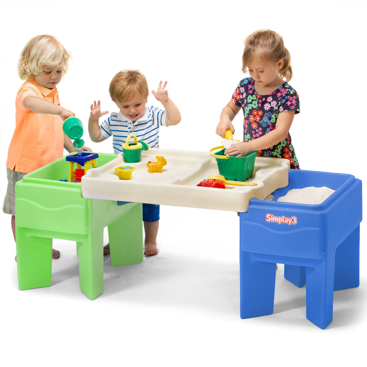 Simplay3 in and out table with three kids playing with sand and water