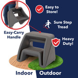 Step stool features easy carry handle, sure step tread, is heavy duty and indoor outdoor