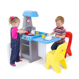 Simplay3 Play Around Chairs hot tamale and lemon colors complement the pretend cooking and dining theme of the Play Around Kitchen and Activity Center.