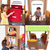 Features 2 working doors with mail slots, easy grip handholds, art easel, kitchenette, climb and crawl platform