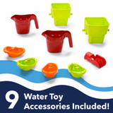 Water play accessories include 2 pouring cups, 4 toy boats , 2 spill and fill buckets, and hose attachment