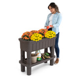 Woman standing to tend flowers in the Raised Patio Garden