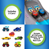 Includes 2 race cars and accepts all 1/64 scale trucks and cars