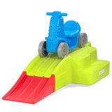 blue roller coaster car atop lime green base with red ramp