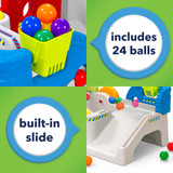 Toddler activity center features 24 lightweight balls and a built-in slide