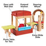 pretend kitchen, steering wheel, door with mail slot, extra wide slide, picnic table for two