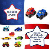 includes two cars, compatible with most 1/64 scale cars and monster trucks