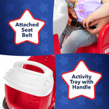 attached seat belt, acitivity tray with handle