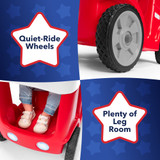 quiet ride wheels for easy communication, plenty of leg room