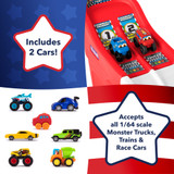 includes two cars and fits most 1/64 scale cars and monster trucks