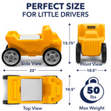 Yellow Simplay3 Rugged Rider Dump Truck measures 22" long by 13.75" tall by 10.5" wide with a weight capacity of 50 lbs.