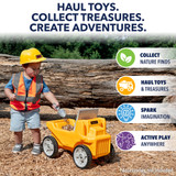 Little boy scooping dirt into dump truck; Haul toys, collect treasures, create adventures - collect nature finds, spark imagination, active play anywhere