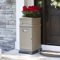 Simplay3 Hide Away Parcel Box with Planter in tan with flowers on the front doorstep