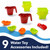 Water play accessories include 2 pouring cups, 4 toy boats , 2 spill and fill buckets, and hose attachment