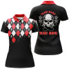 Custom Black Red Argyle Pattern Bowling Skull Custom Bowling Polo Shirts For Women, Bowling Jerseys