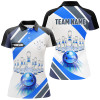 Custom Blue Light Bowling Polo, Quarter Zip Shirt for Women Custom Bowling ball and pins Team League Jerseys