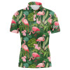 Custom Golf Men Polo Shirt - Custom Name Flamingo Green Tropical Palm Leaves Pattern Apparel - Personalized Gift For Golf Lover, Team, Husband, Boyfriend