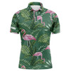 Custom Golf Men Polo Shirt - Green Tropical Plants Monstera Flamingo Custom Name Apparel - Personalized Gift For Golf Lover, Team, Husband, Boyfriend, Dad