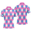 Custom Mens golf polo shirt custom pink, blue and white argyle plaid pattern golf attire for men