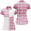 Custom Golf Addicted Womens Golf Polo Shirts Custom Name Pink White Golf Ball Clubs Pattern, Team Golf Shirts