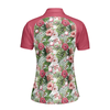 Golf Ball On Tropical Flowers Background Short Sleeve Women Polo Shirt, Tropical Flowers Pattern Polo Shirt, Best Golf Shirt For Ladies