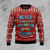 FUNSTUFFPRINT Never Underestimate The Power Of Human Stupidity Ugly Christmas Sweater Ugly Sweater