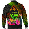 FUNSTUFFPRINT Guam Polynesian Men’s Bomber Jacket – Hibiscus and Banana Leaves – BN15 Bomber Jacket