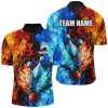 Custom Bowling And Pins Blue And Orange Two Sides Flame Customized Name, Team Name 3D Zipper Polo Shirt For Men