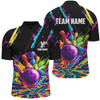 Custom Bowling And Pins Colorful Graffiti Pattern Customized Name, Team Name 3D Zipper Polo Shirt For Men