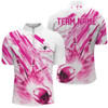 Custom Bowling And Pins Blue or Pink Strike Customized Name, Team Name 3D Zipper Polo Shirt For Men
