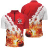 Custom Bowling And Pins Red Fire Ball Customized Name, Team Name 3D Zipper Polo Shirt For Men