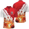 Custom Bowling And Pins Red Fire Ball Customized Name, Team Name 3D Zipper Polo Shirt For Men