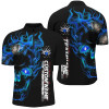 Custom Bowling And Pins Mutilcolor Flame Skull Customized Name, Team Name 3D Zipper Polo Shirt For Men