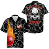 Custom Personalized Flame Hawaiian Bowling Shirt, Men Women Skull Pins Black Bowlers Short Sleeve Jersey
