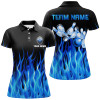 Custom Blue Flame Womens Bowling Polo Shirt Black Bowling Jerseys Personalized Bowling Team Shirts Nqs6982
