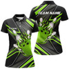 Custom Black And Green Womens Bowling Polo Shirt Custom Bowling Ball Pins Flame Bowling Jerseys For Bowler Nqs7386