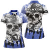 Custom Personalized Blue Billiard Skull Holding 8 Ball Women Polo Shirts Custom Billiard Team Jersey Attire TDM1382