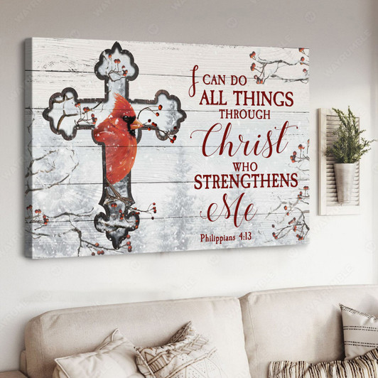 Cardinal Bird, I Can Do All Things Through Christ Who Strengthens Me Poster and Canvas
