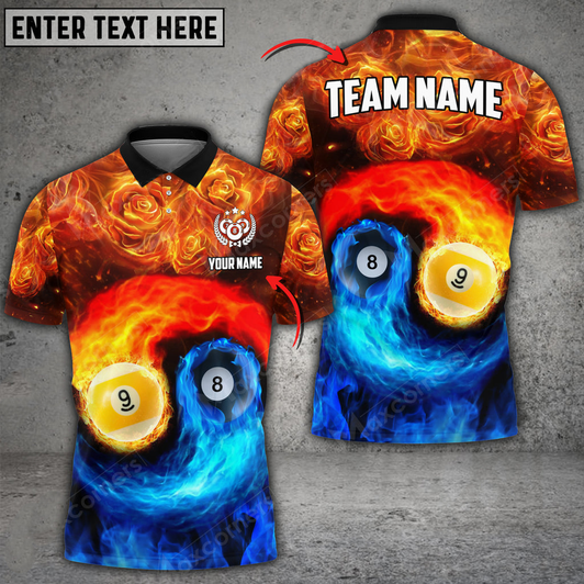 Personalized 8 Ball Water 9 Ball Fire Yinyang Billiard Polo Shirt