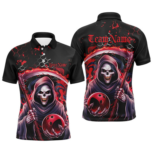 Personalized Bowling And Pins Grim Reaper Customized Name, Team Name 3D Polo Shirt For Men
