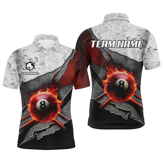 Personalized Billiard Grey Grunge Fire 8 Ball Pool Cue Customized Name, Team Name 3D Polo Shirt For Men