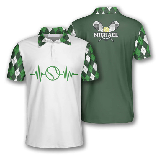 Custom Tennis Heartbeat Pulse Line Green Argyle Plaid Customized Name All Over Printed Polo Shirt