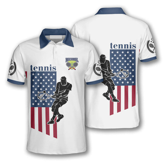 Custom Tennis Player Silhouette American Flag Customized Name All Over Printed Polo Shirt