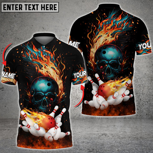 Custom Burning Skull Bowling Ball Strike Customized Name 3D Shirt, Polo Shirt Gift for Bowler