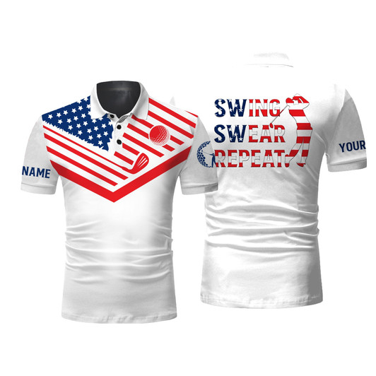 Custom Golf Men Polo Shirt - American Flag 4th July Custom Name Apparel - Personalized Gift For Golf Lover, Men, Husband, Team, Patriot - Swing Swear Repeat