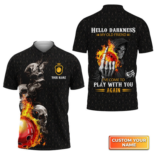 Custom Bowling Skull Hello Darkness My Old Friend Personalized Name 3D Polo Shirt Gift For Bowler