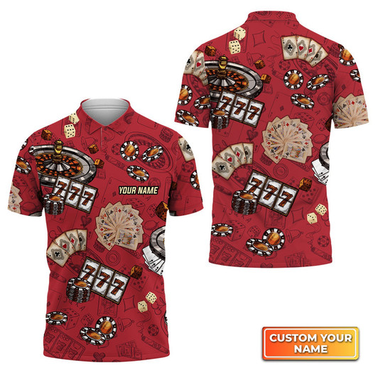 Custom Casino Pattern Red Personalized Name 3D Polo Shirt Gift For Poker Players
